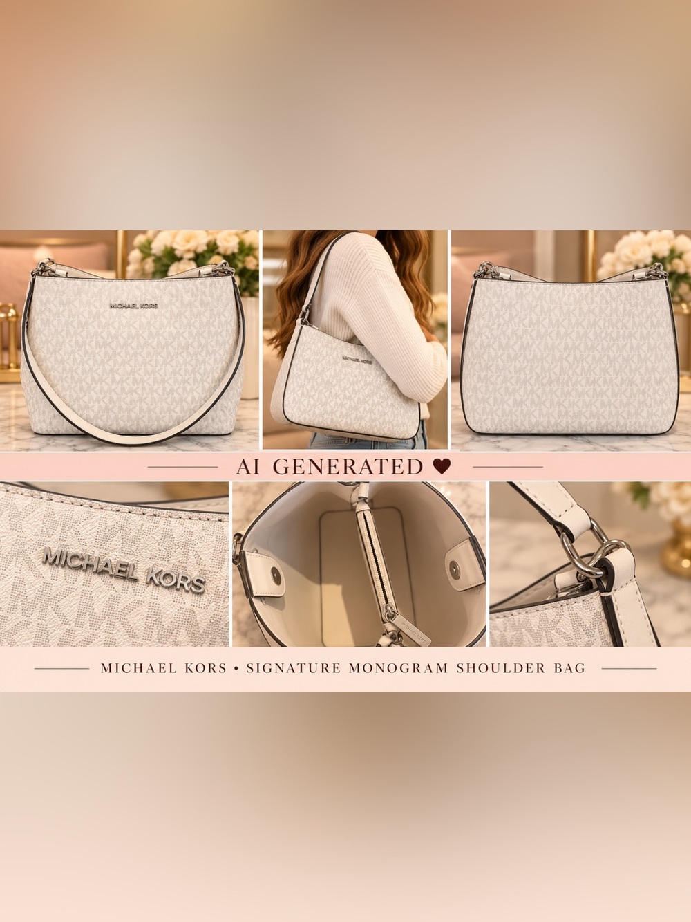 Michael Kors White Signature Monogram Shoulder Bag | Silver Hardware